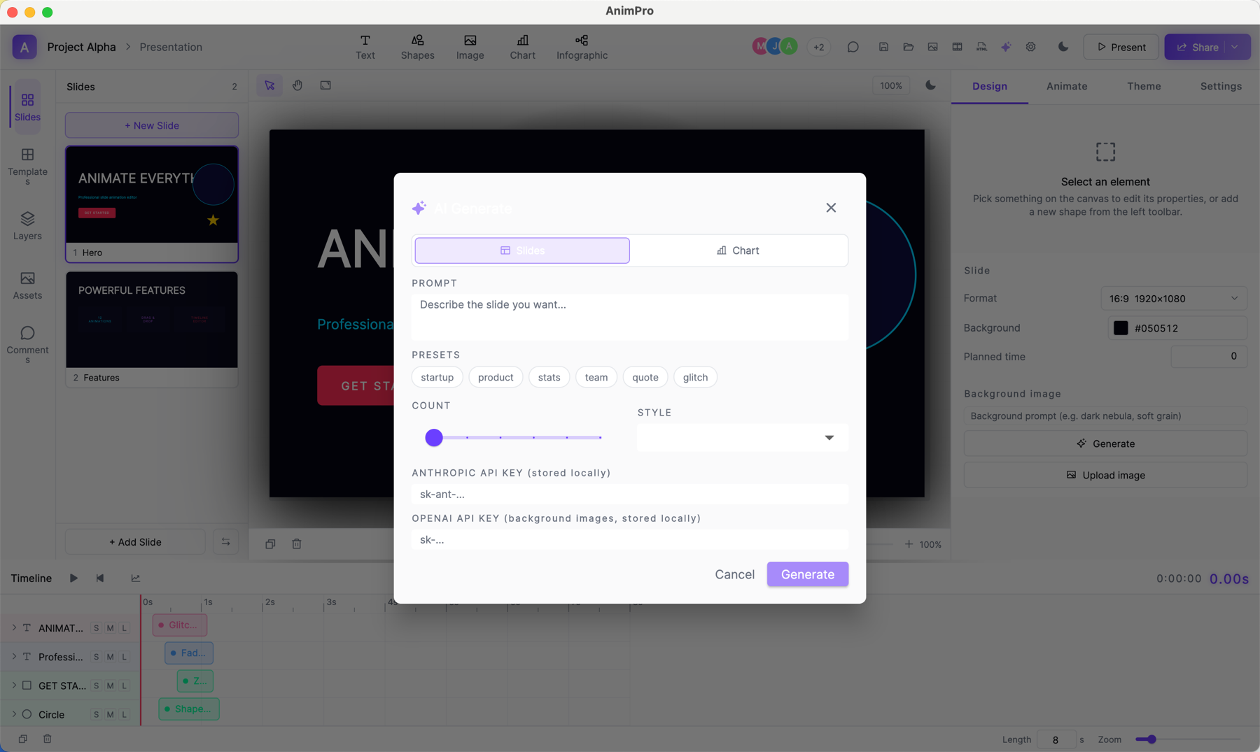 Tchaku AI Generate modal with a prompt field, presets, count slider and style picker