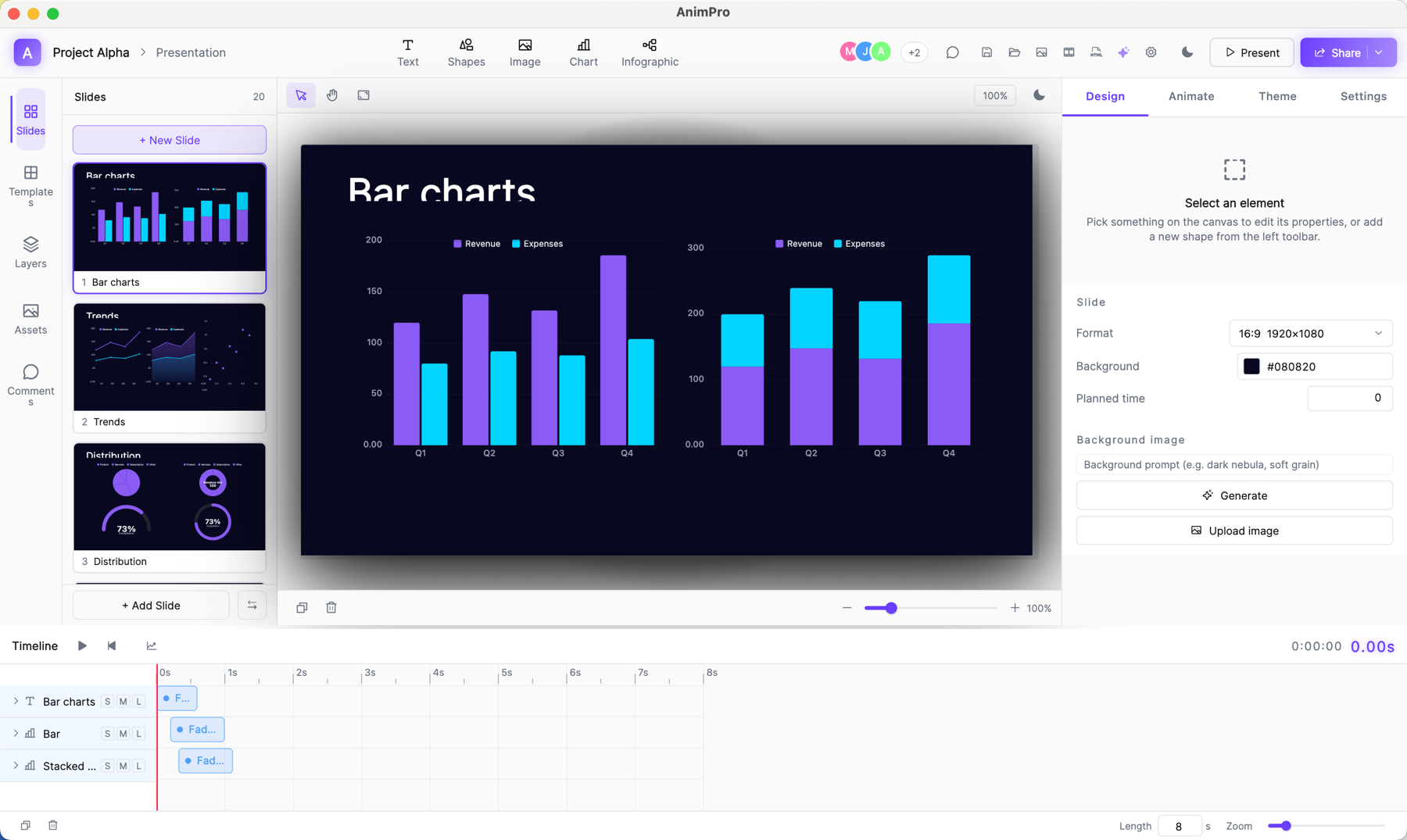 Tchaku editor showing bar charts on the canvas, the slide list on the left, the design inspector on the right, and the timeline at the bottom