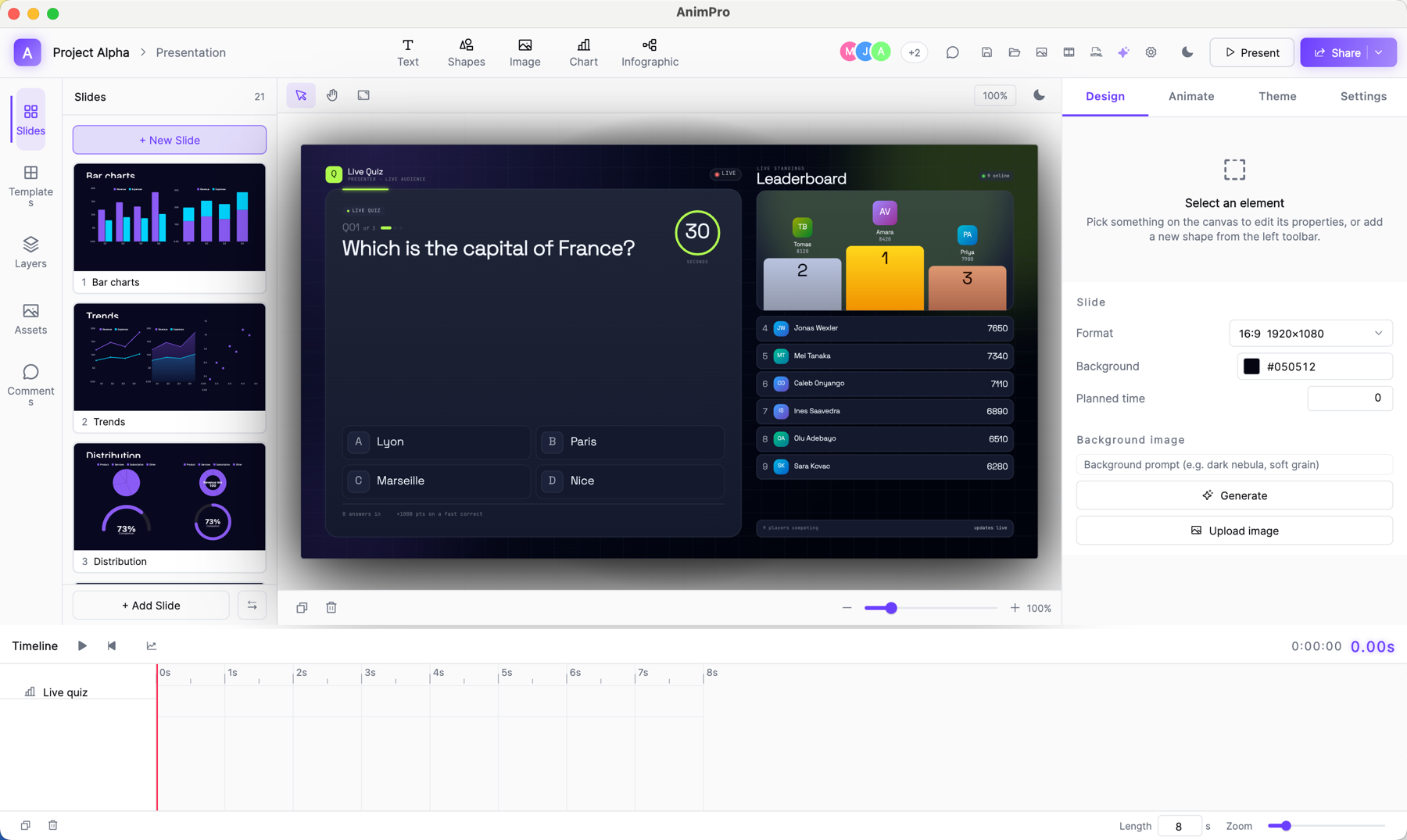 Tchaku present mode showing a live quiz slide on the left and the leaderboard with podium and player list on the right